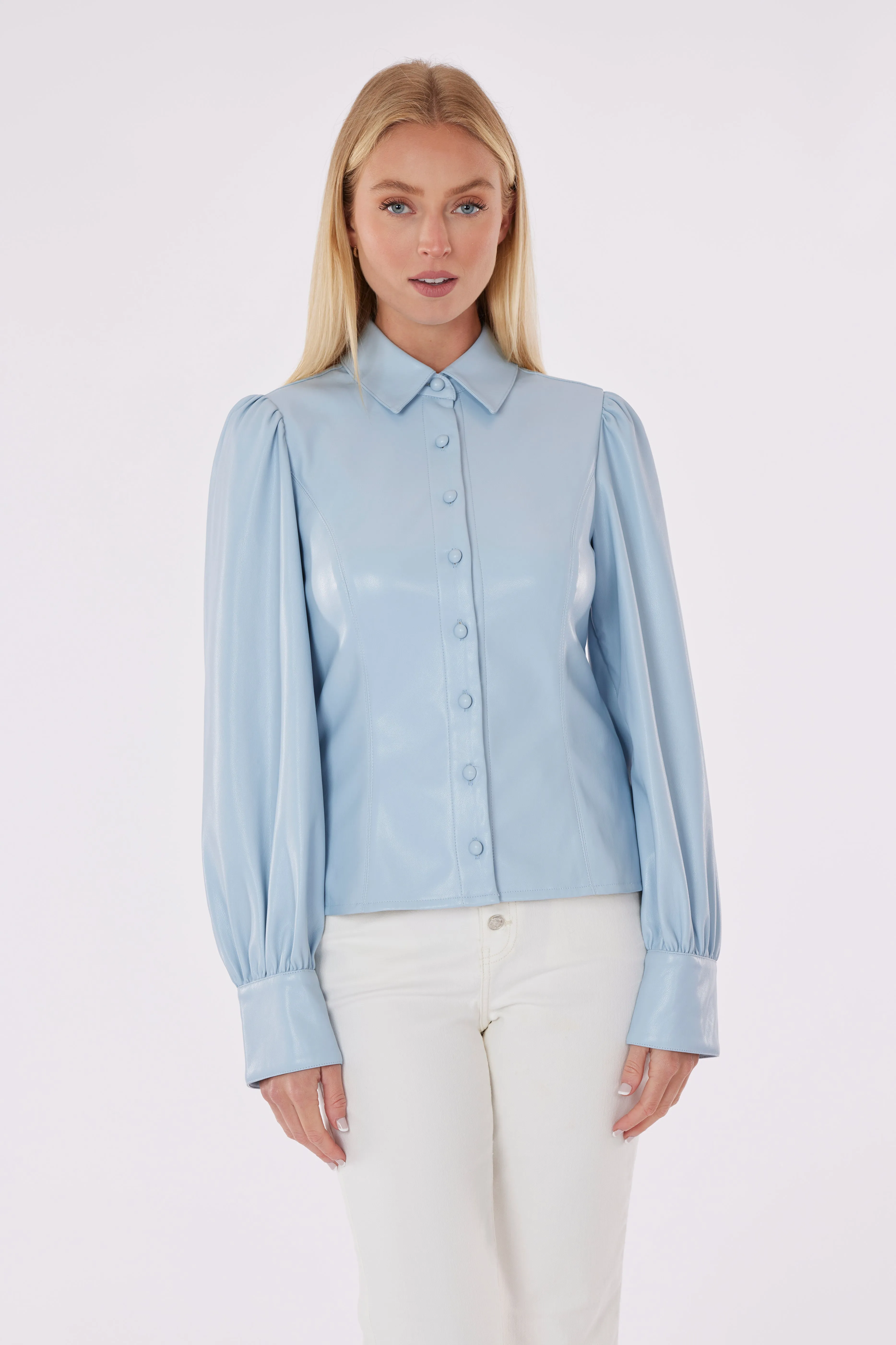 Faux Leather Button-Up Shirt with Puff Sleeves