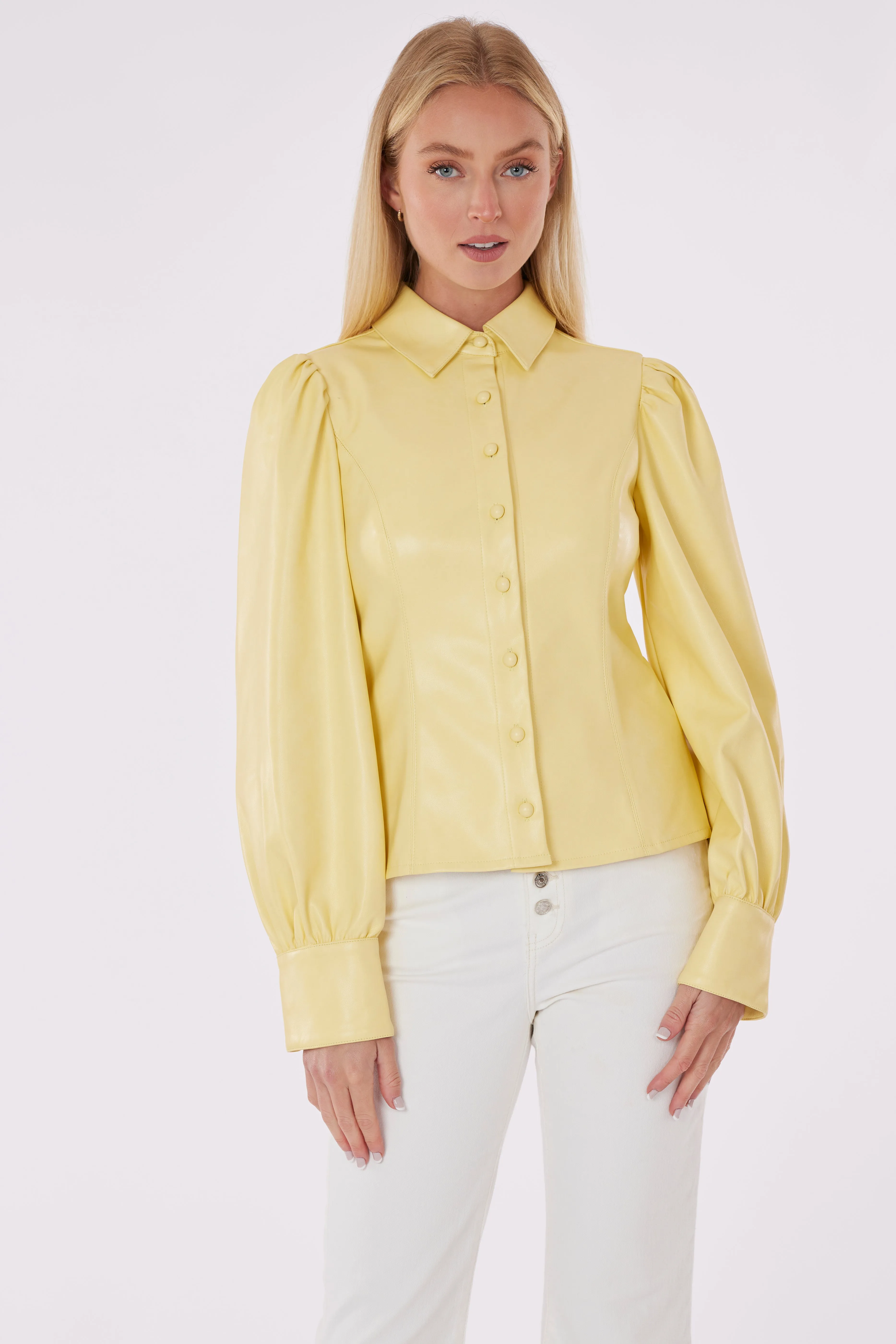 Faux Leather Button-Up Shirt with Puff Sleeves