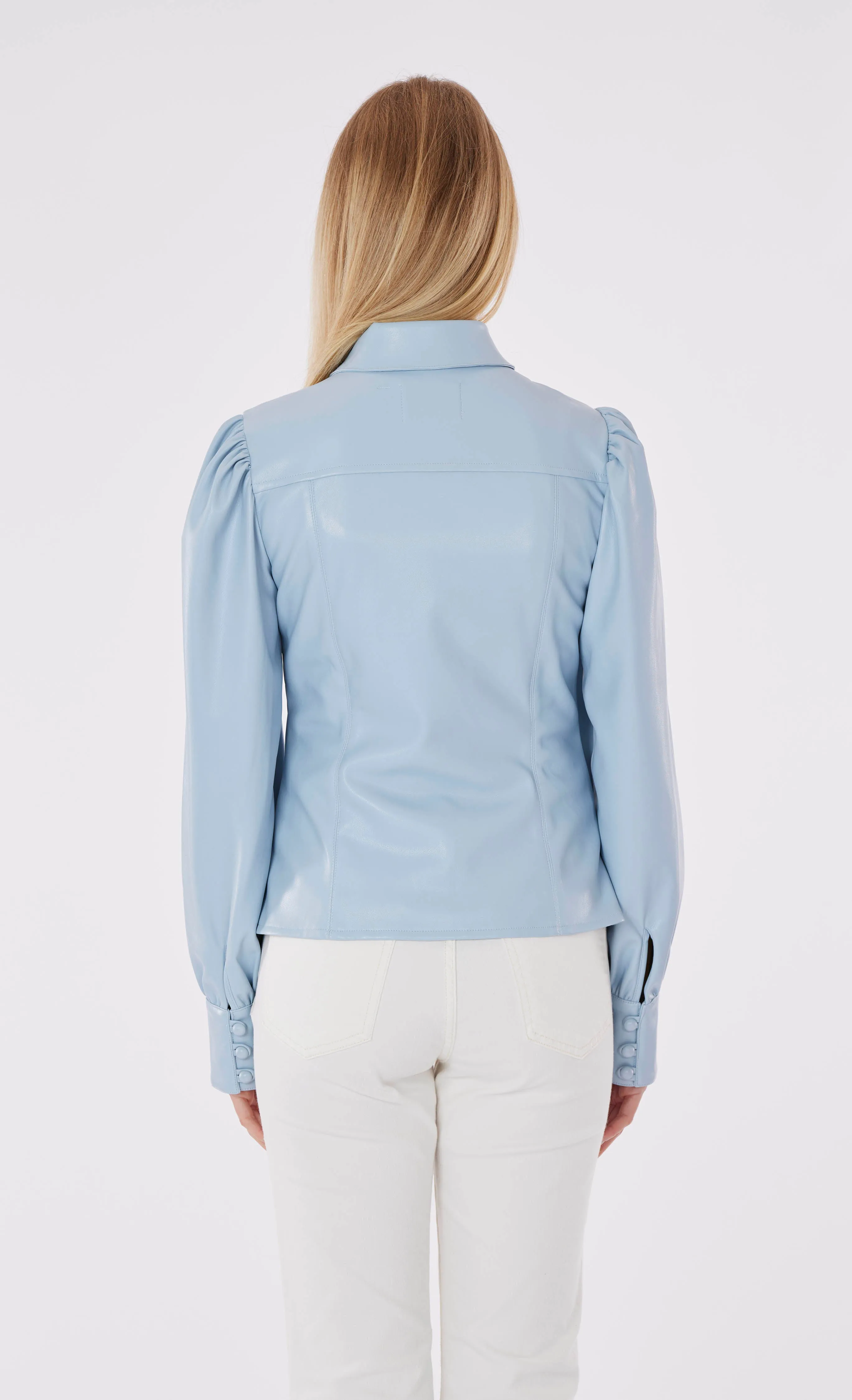 Faux Leather Button-Up Shirt with Puff Sleeves
