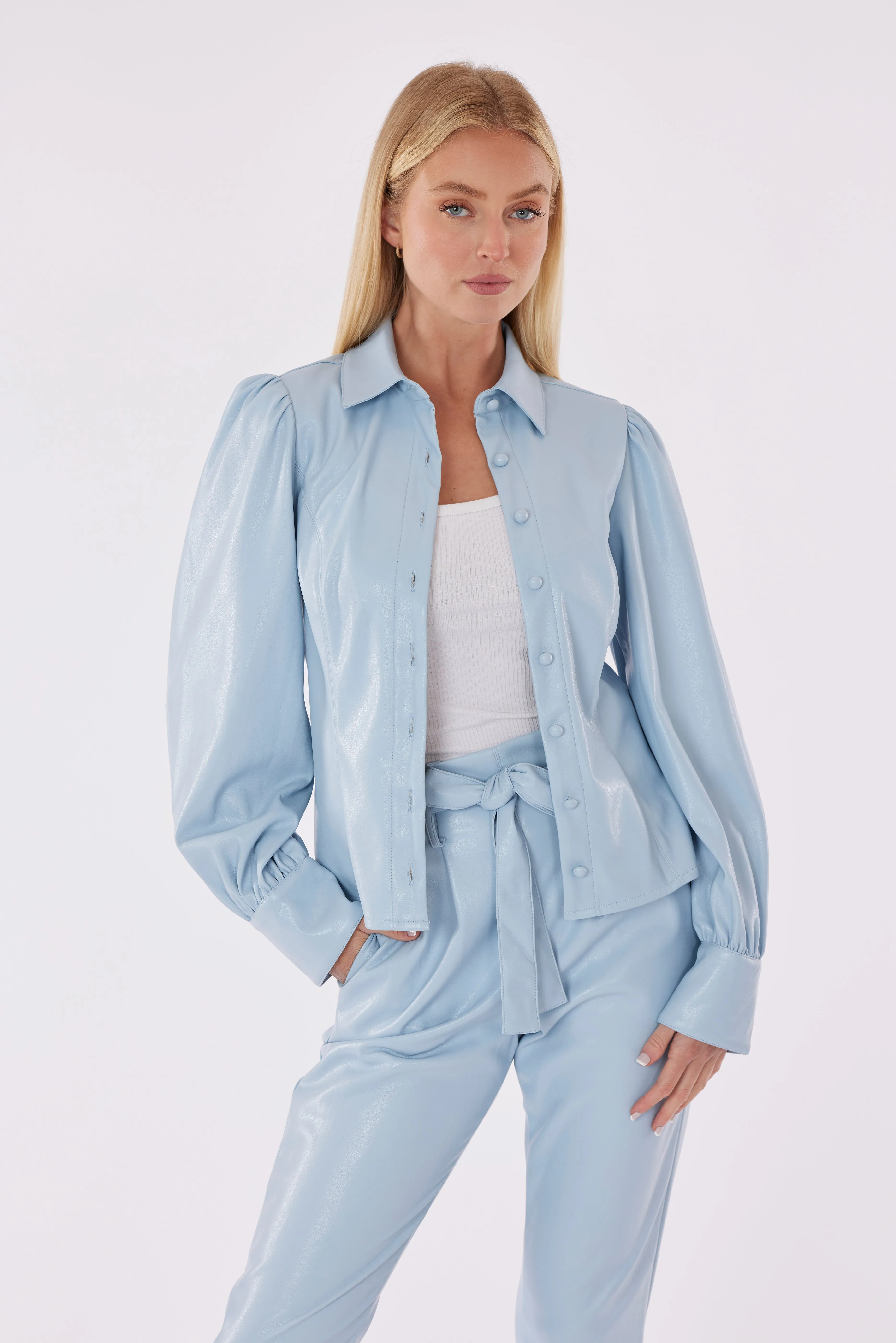 Faux Leather Button-Up Shirt with Puff Sleeves