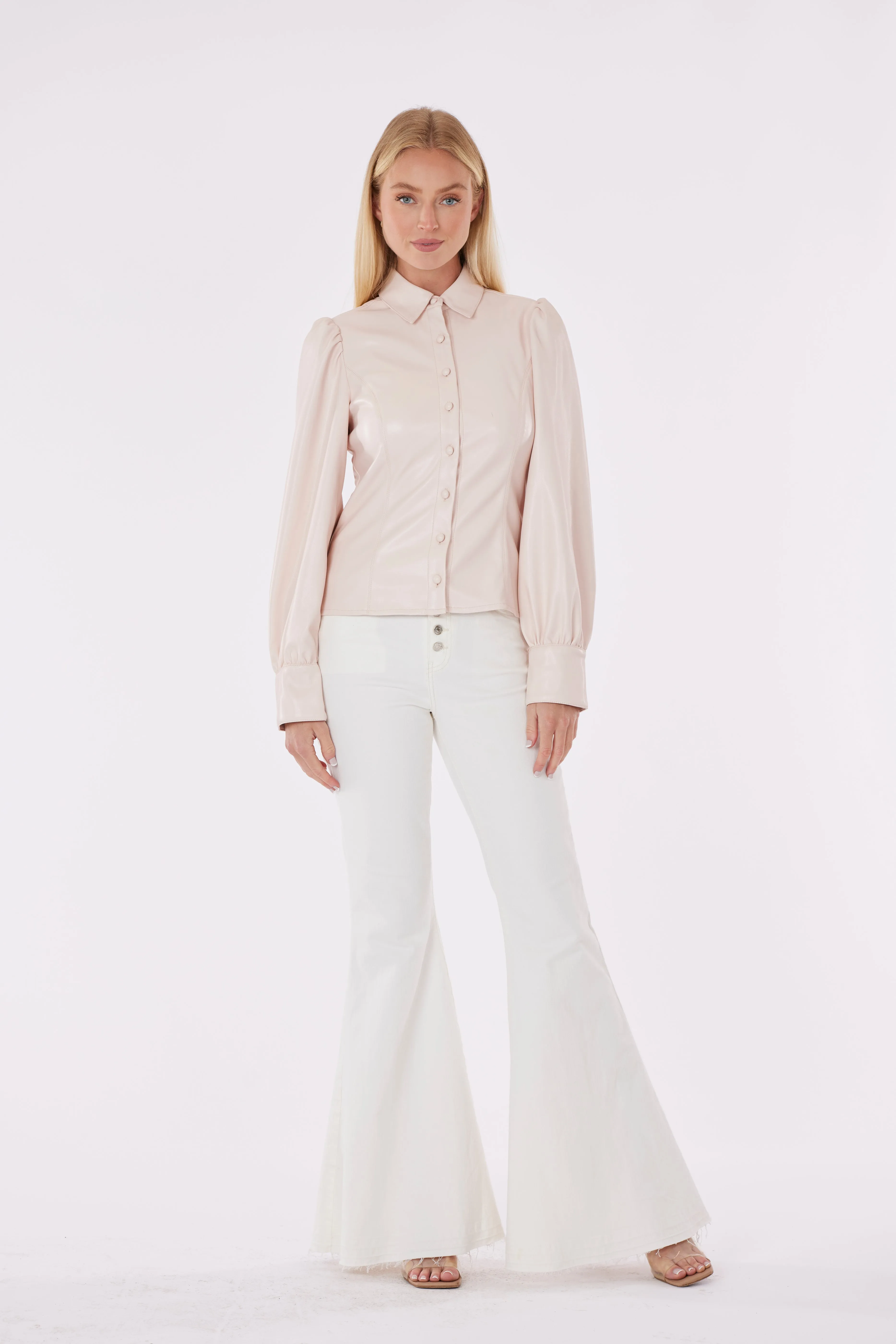 Faux Leather Button-Up Shirt with Puff Sleeves
