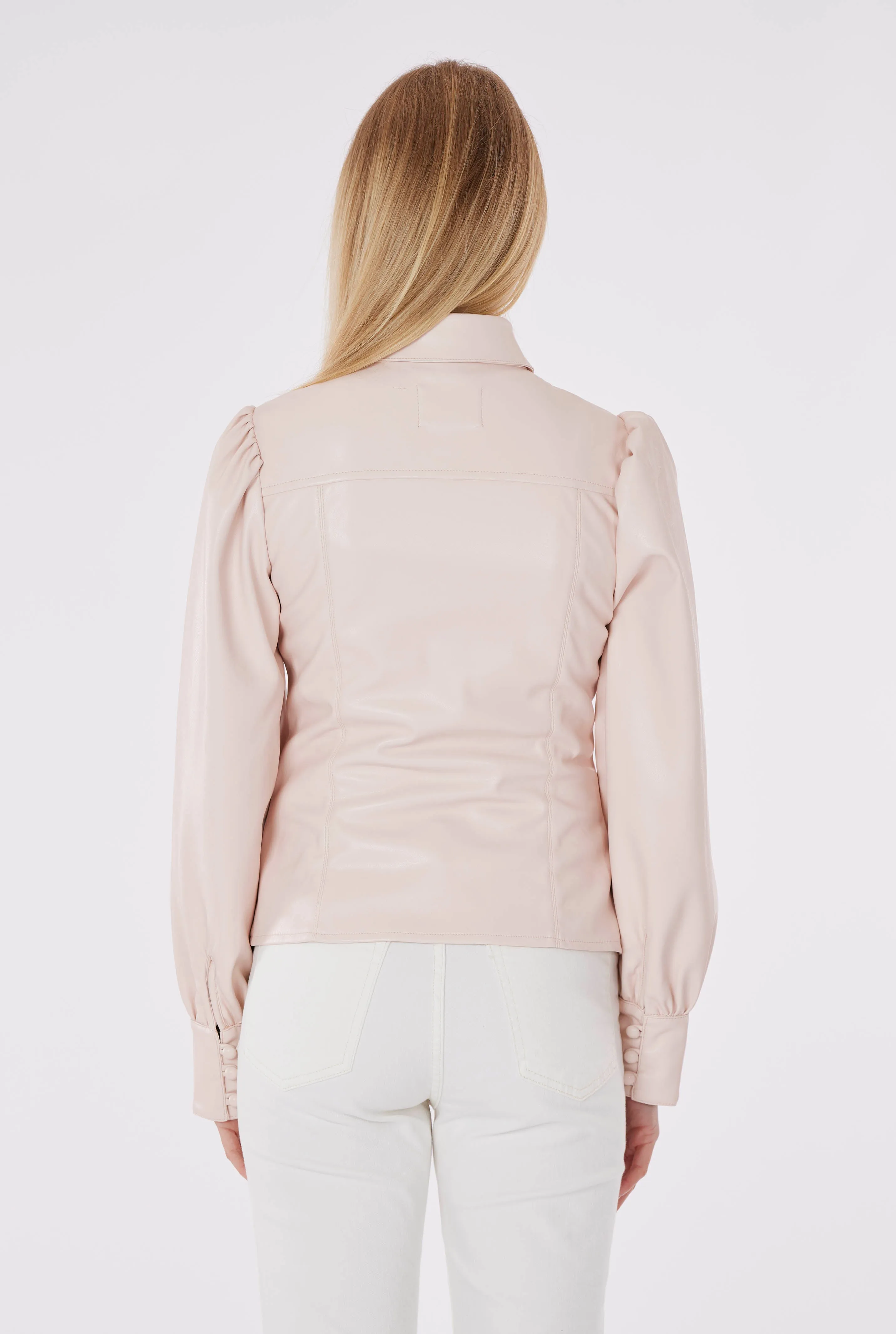 Faux Leather Button-Up Shirt with Puff Sleeves