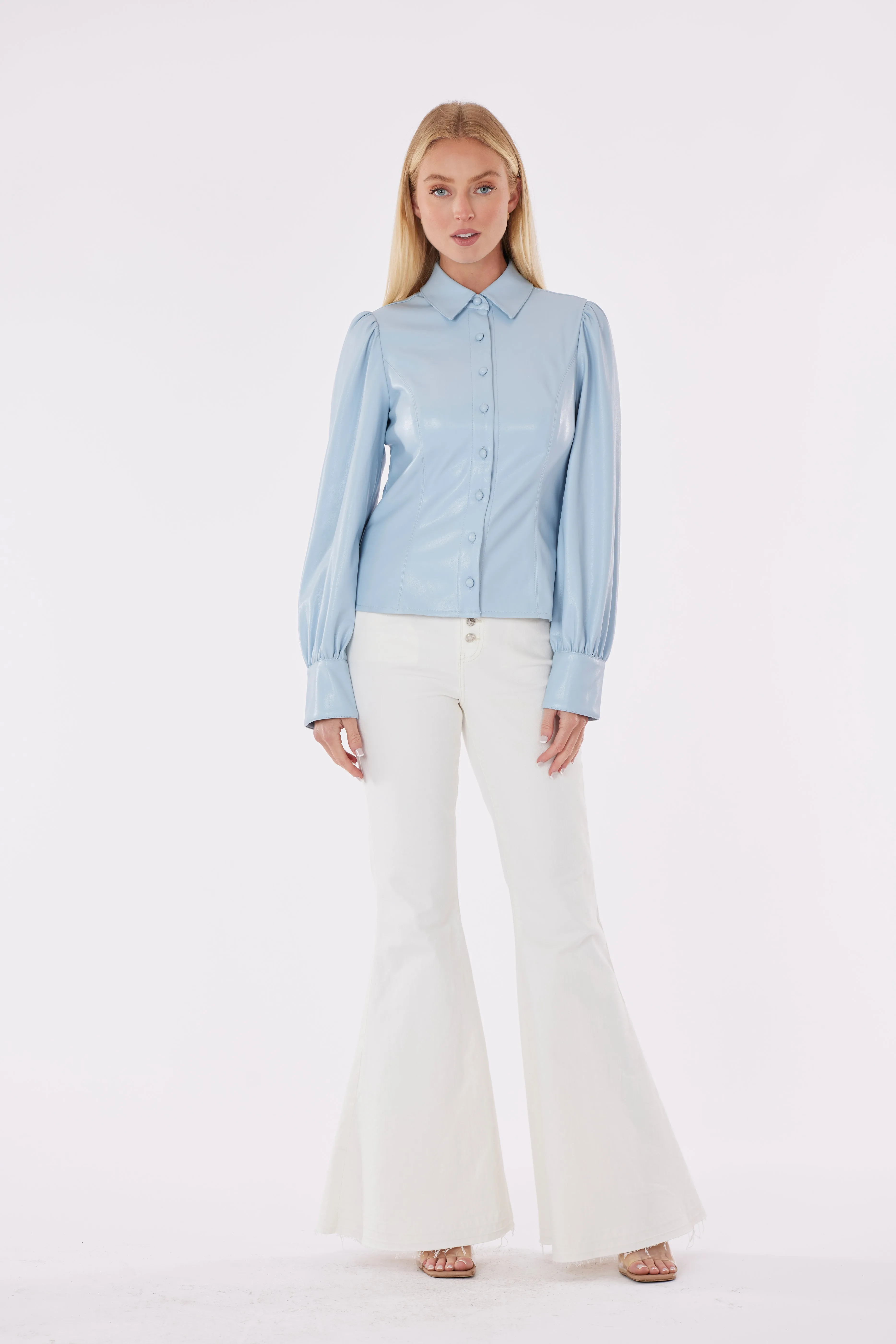 Faux Leather Button-Up Shirt with Puff Sleeves