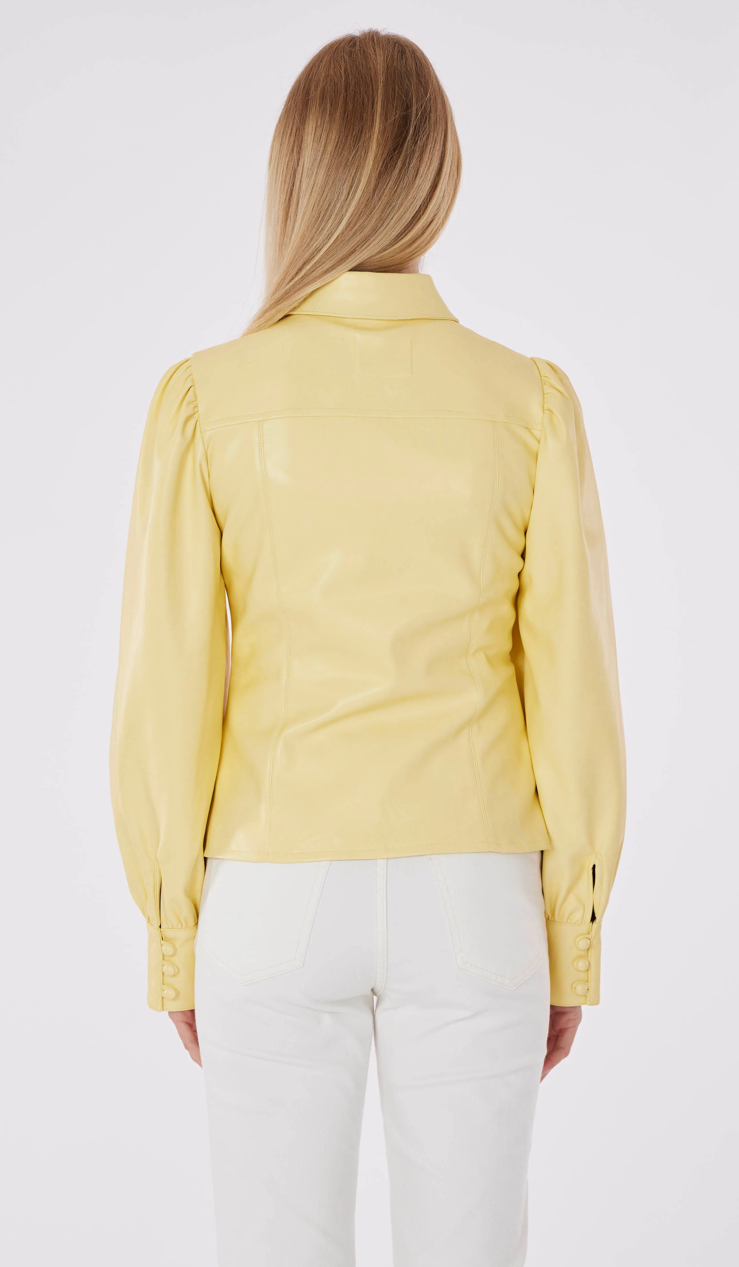 Faux Leather Button-Up Shirt with Puff Sleeves