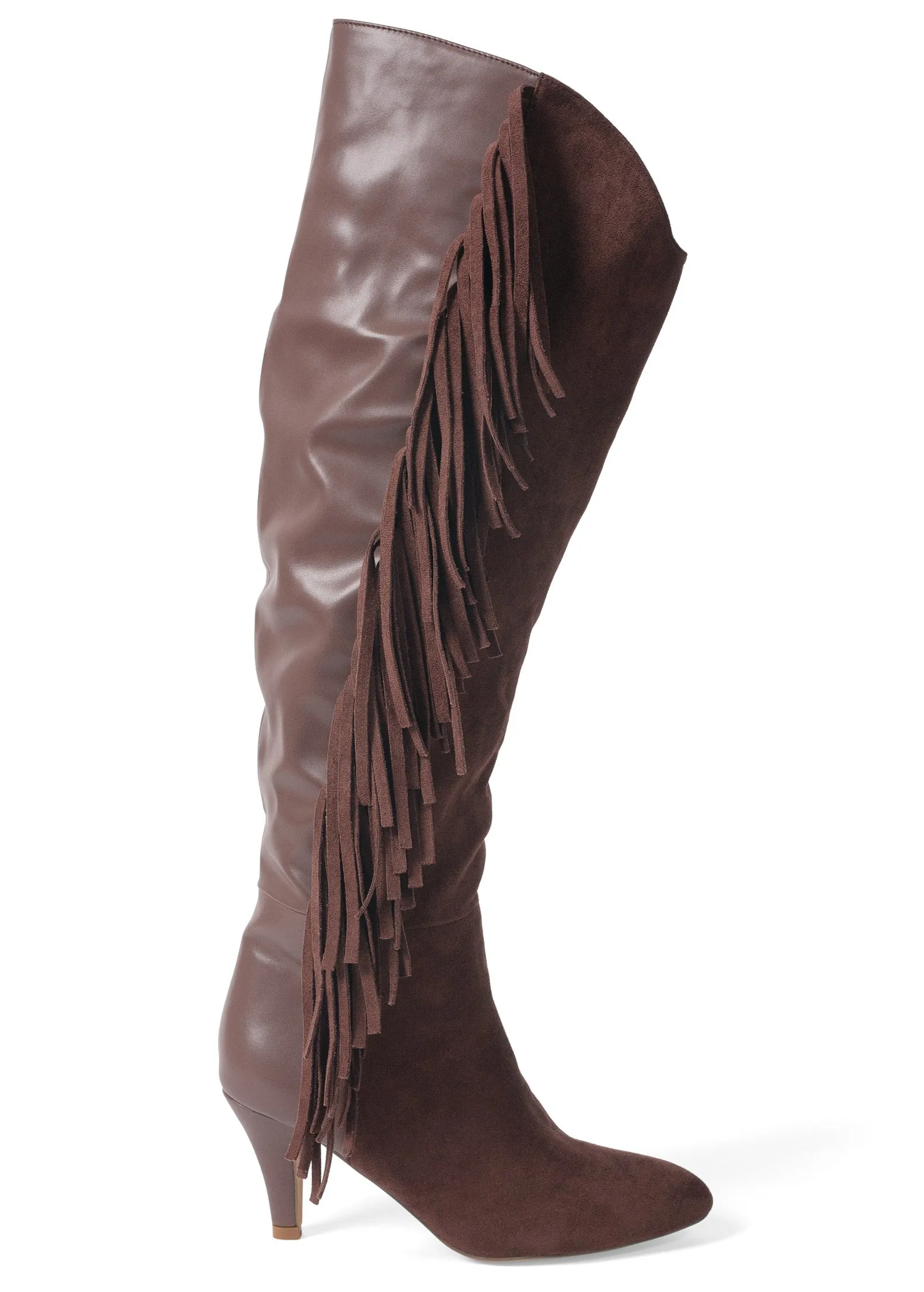 Faux-Suede Fringe Boots - Brown