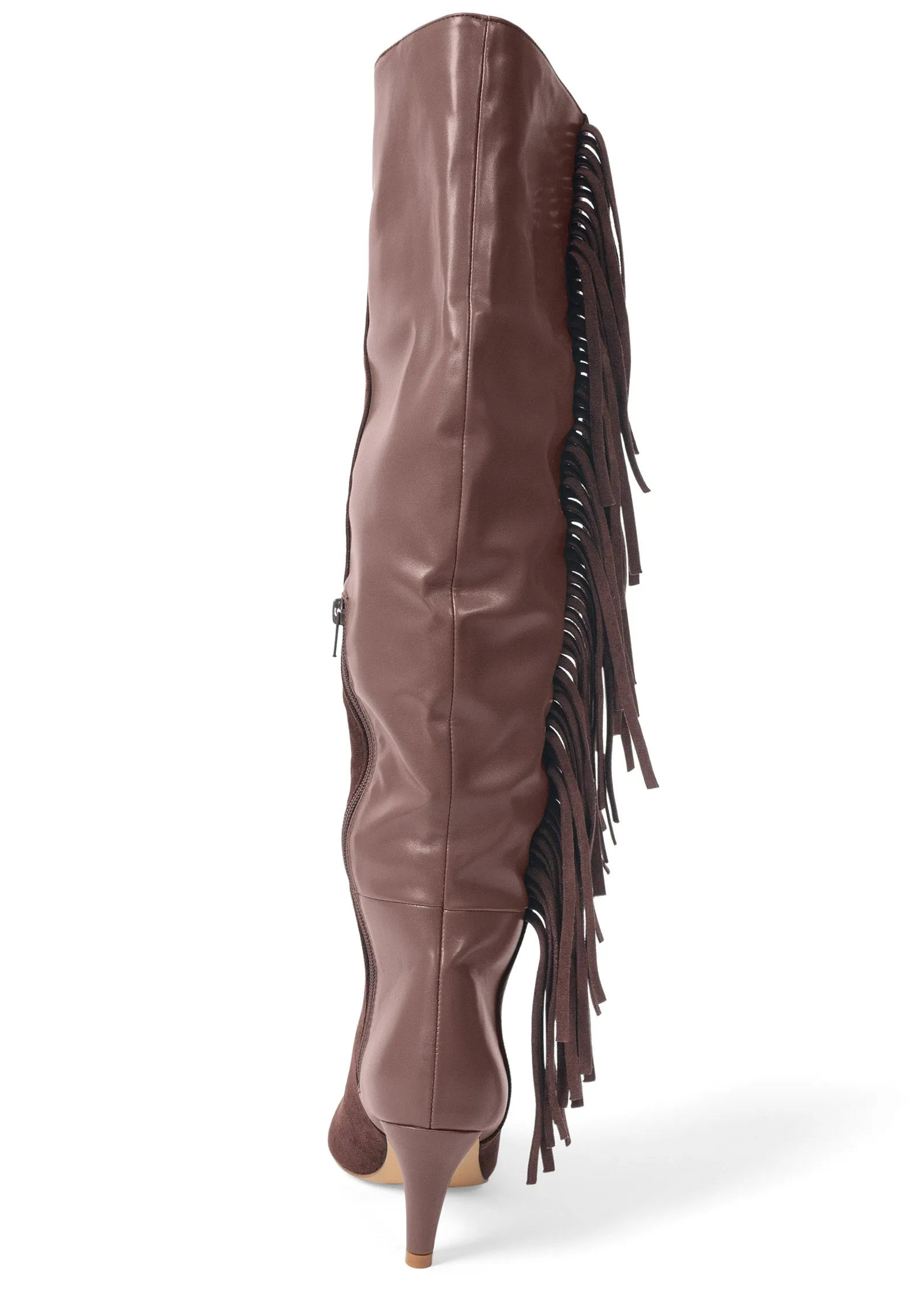 Faux-Suede Fringe Boots - Brown