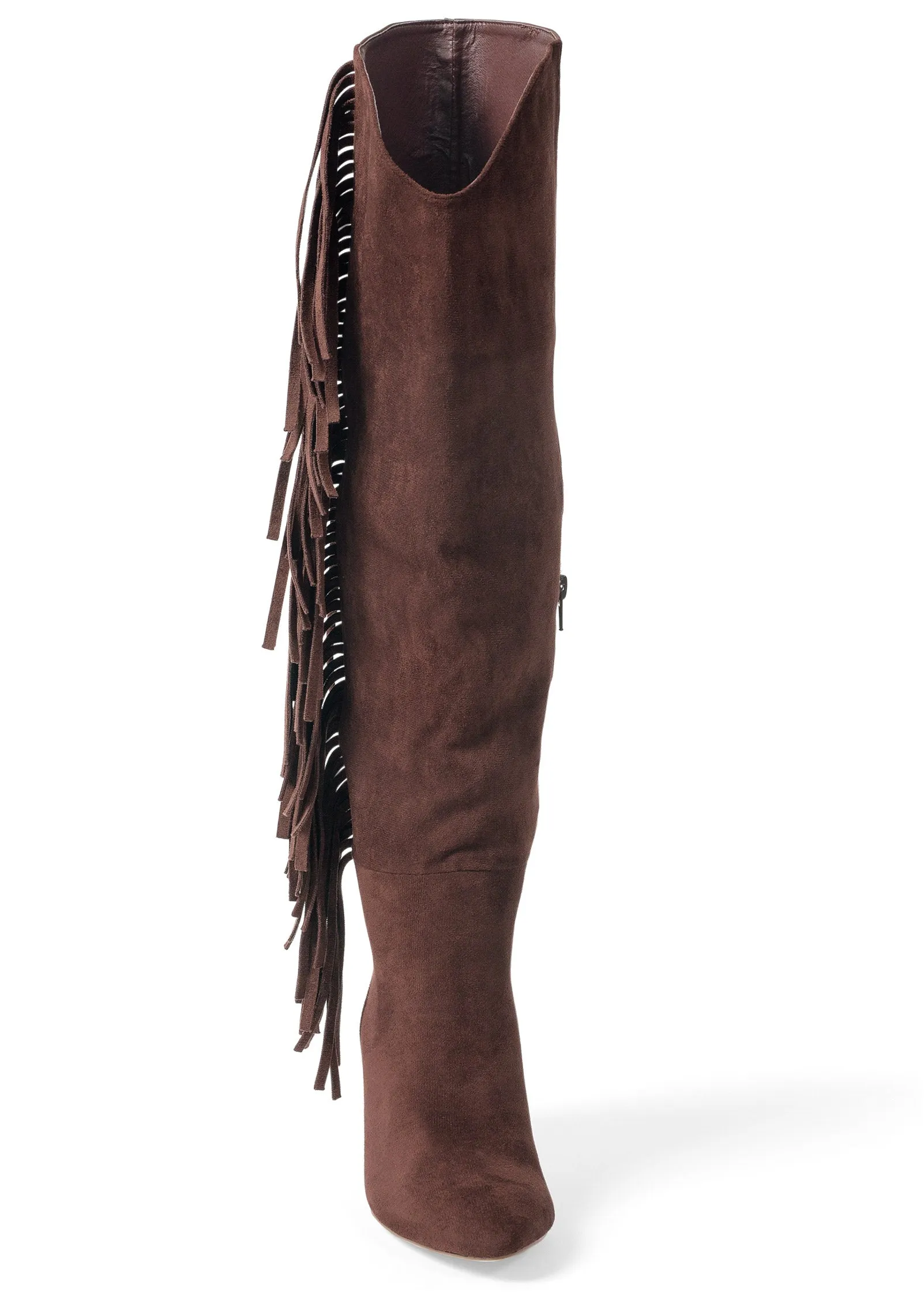Faux-Suede Fringe Boots - Brown