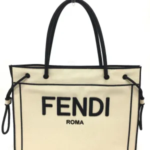 FENDI Tote Bag 8BH379 canvas Beige x black logo rome shopper Women Used