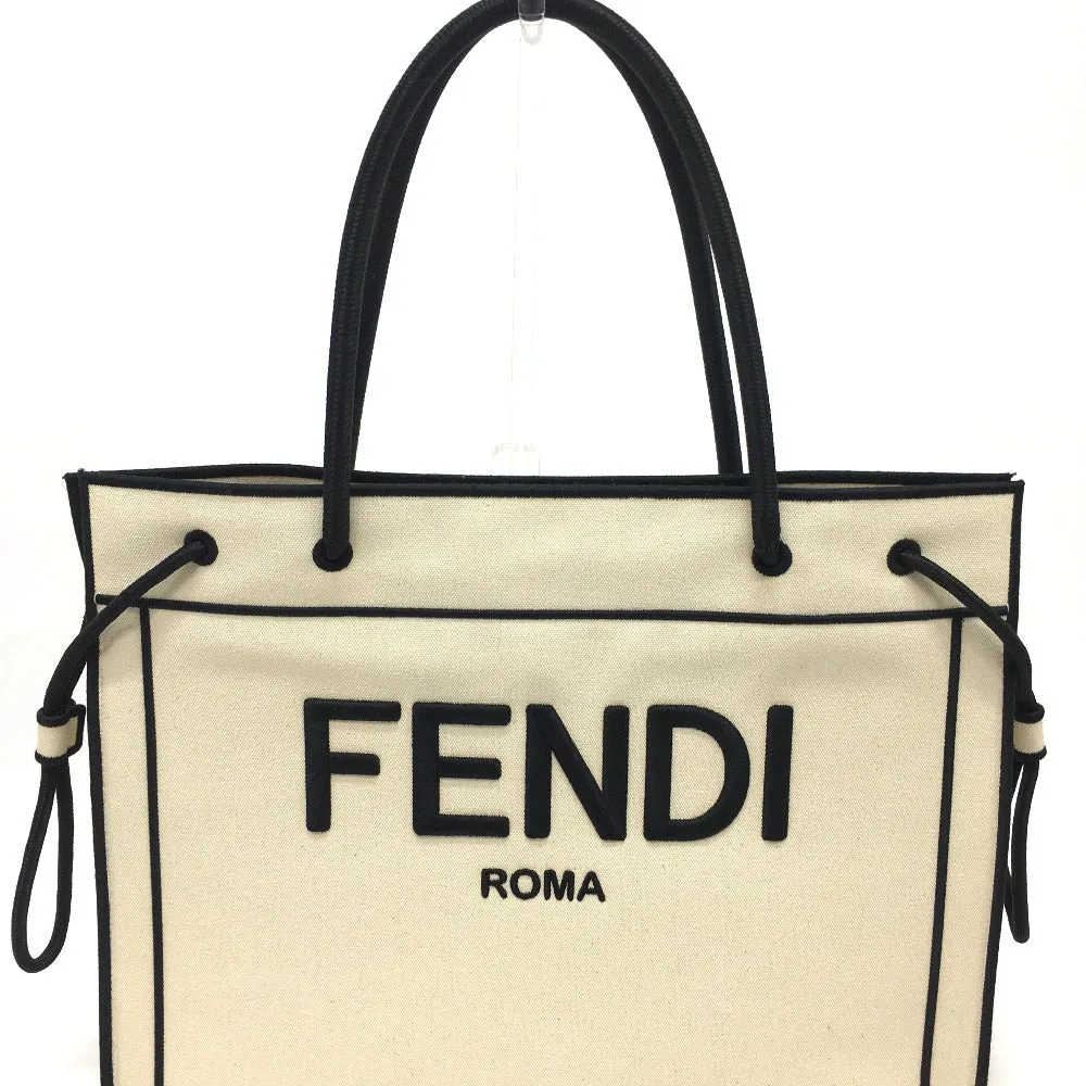FENDI Tote Bag 8BH379 canvas Beige x black logo rome shopper Women Used