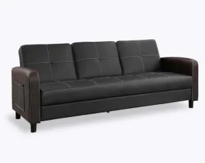 Florida 3 Seater Faux Leather Sofa Bed  Modern Design with Magazine Pocket Cup Holder - Black