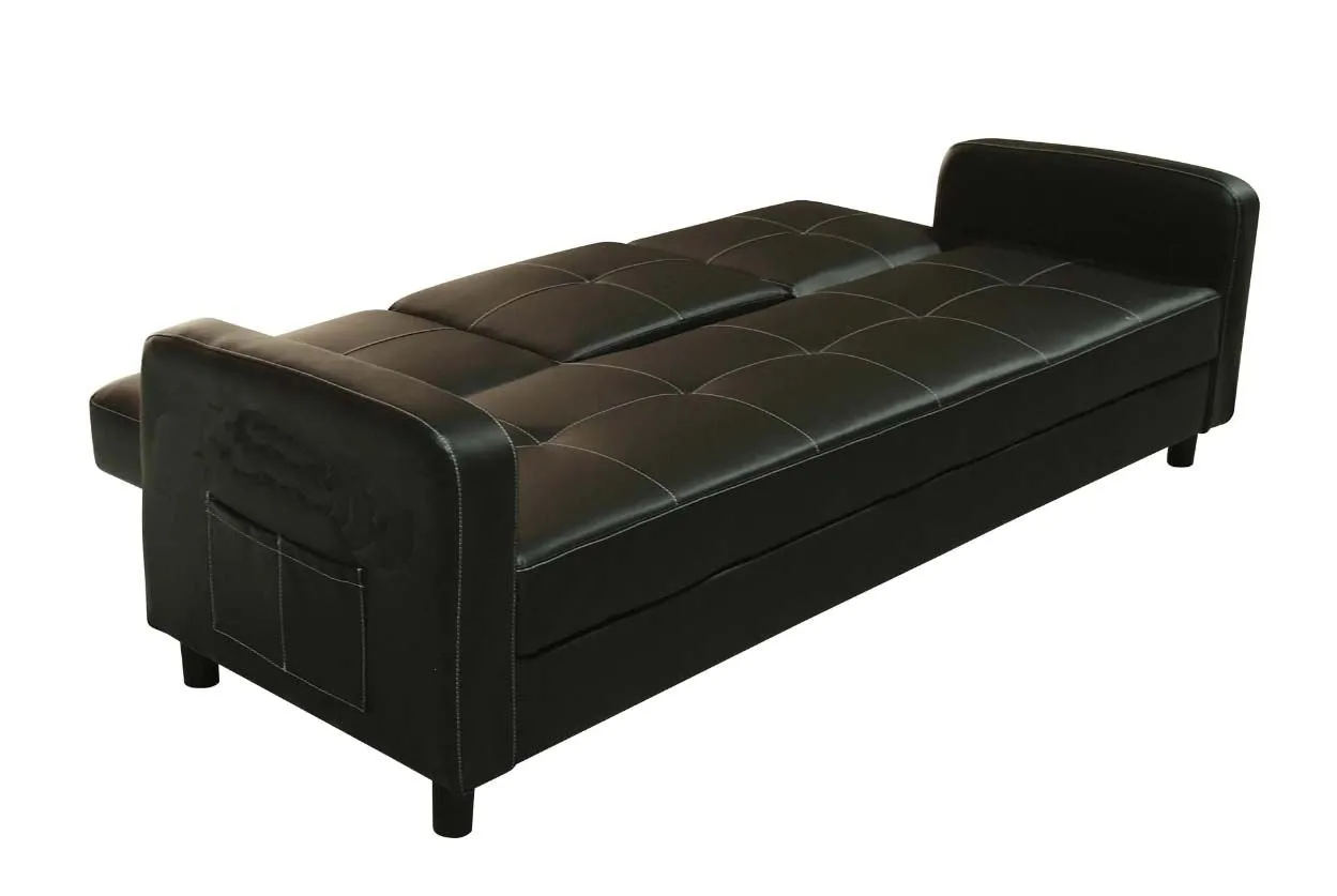Florida 3 Seater Faux Leather Sofa Bed  Modern Design with Magazine Pocket Cup Holder - Black
