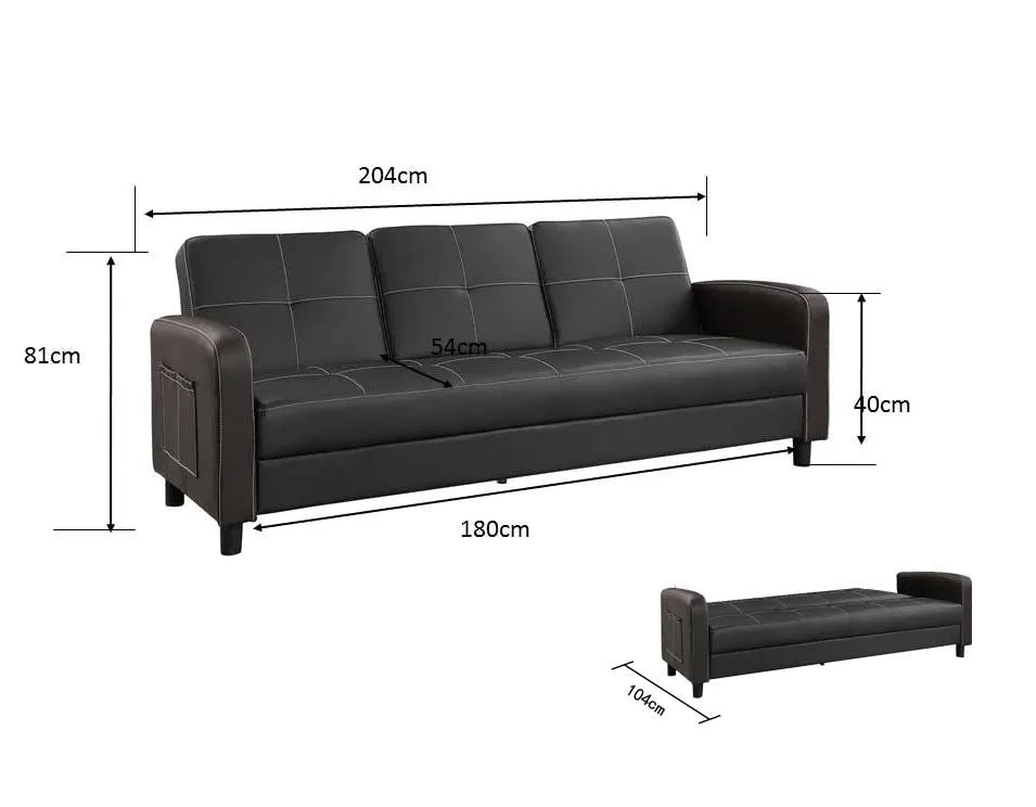 Florida 3 Seater Faux Leather Sofa Bed  Modern Design with Magazine Pocket Cup Holder - Black