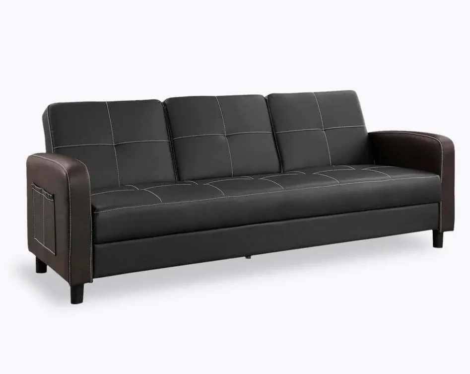 Florida 3 Seater Faux Leather Sofa Bed  Modern Design with Magazine Pocket Cup Holder - Black