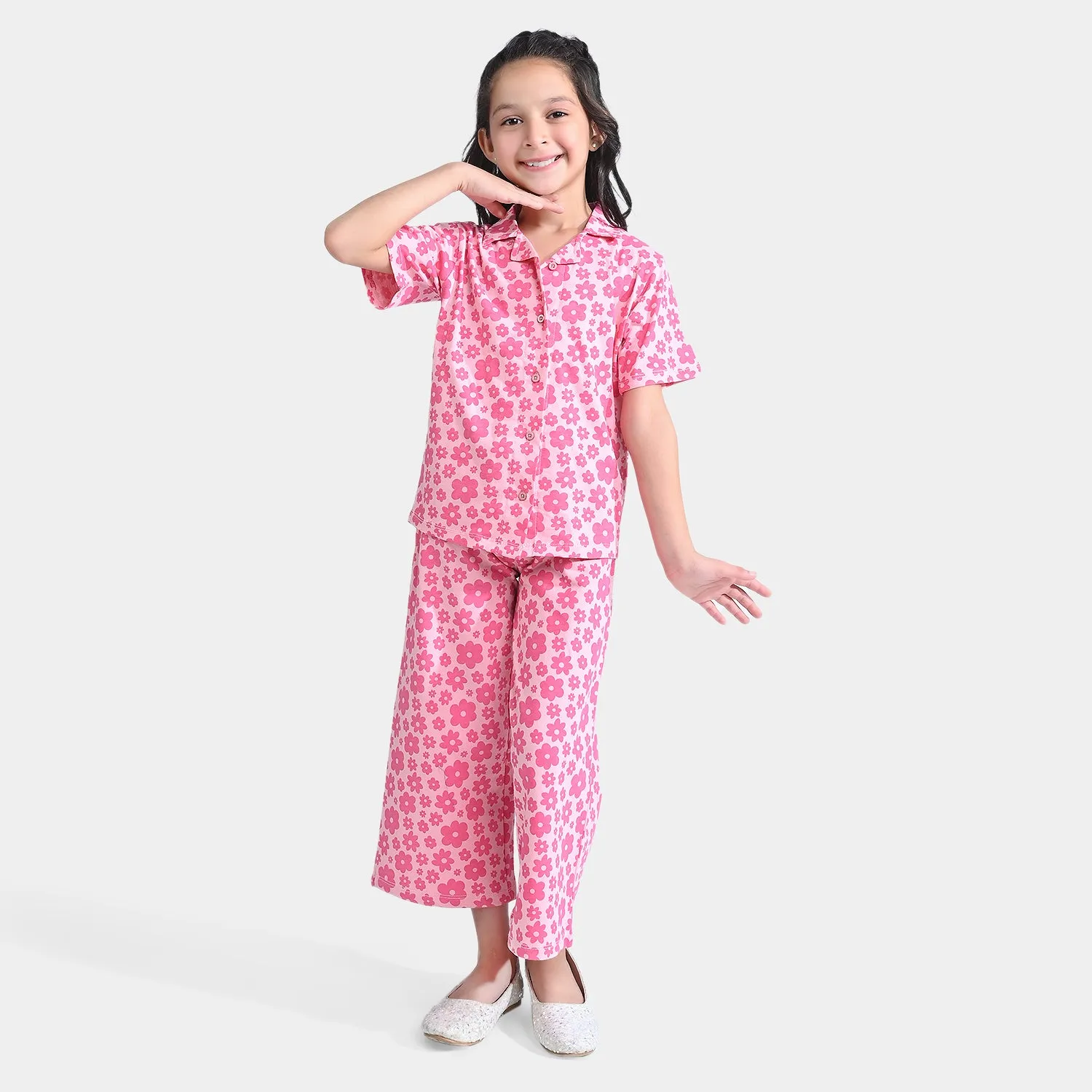 Girls Jersey/Terry 2 Piece Suit Flowers-Candy Pink