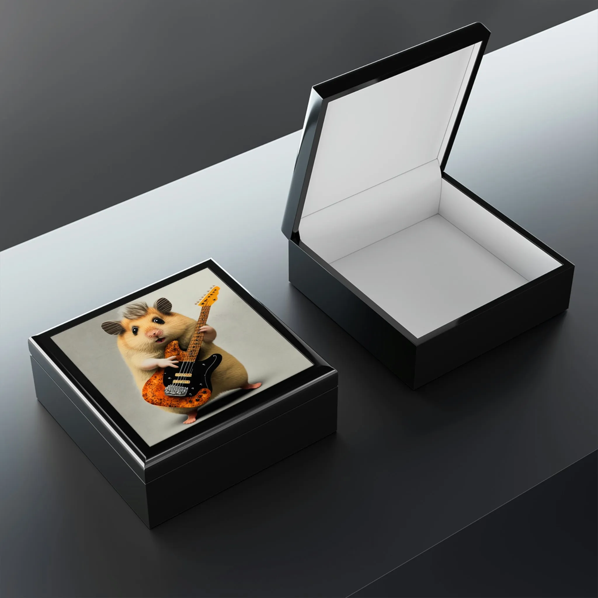 Hamster with Guitar Wood Keepsake Jewelry Box with Ceramic Tile Cover