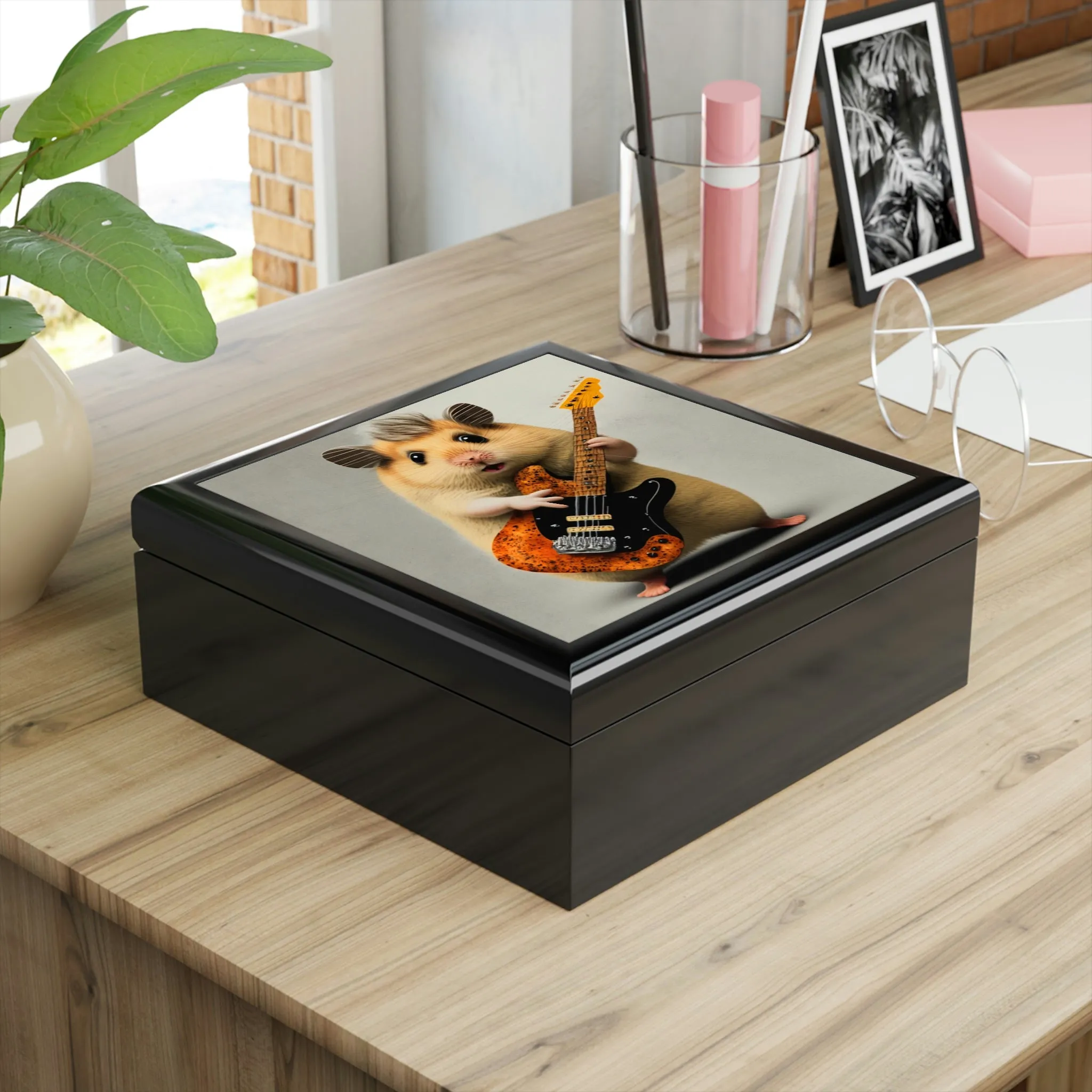 Hamster with Guitar Wood Keepsake Jewelry Box with Ceramic Tile Cover