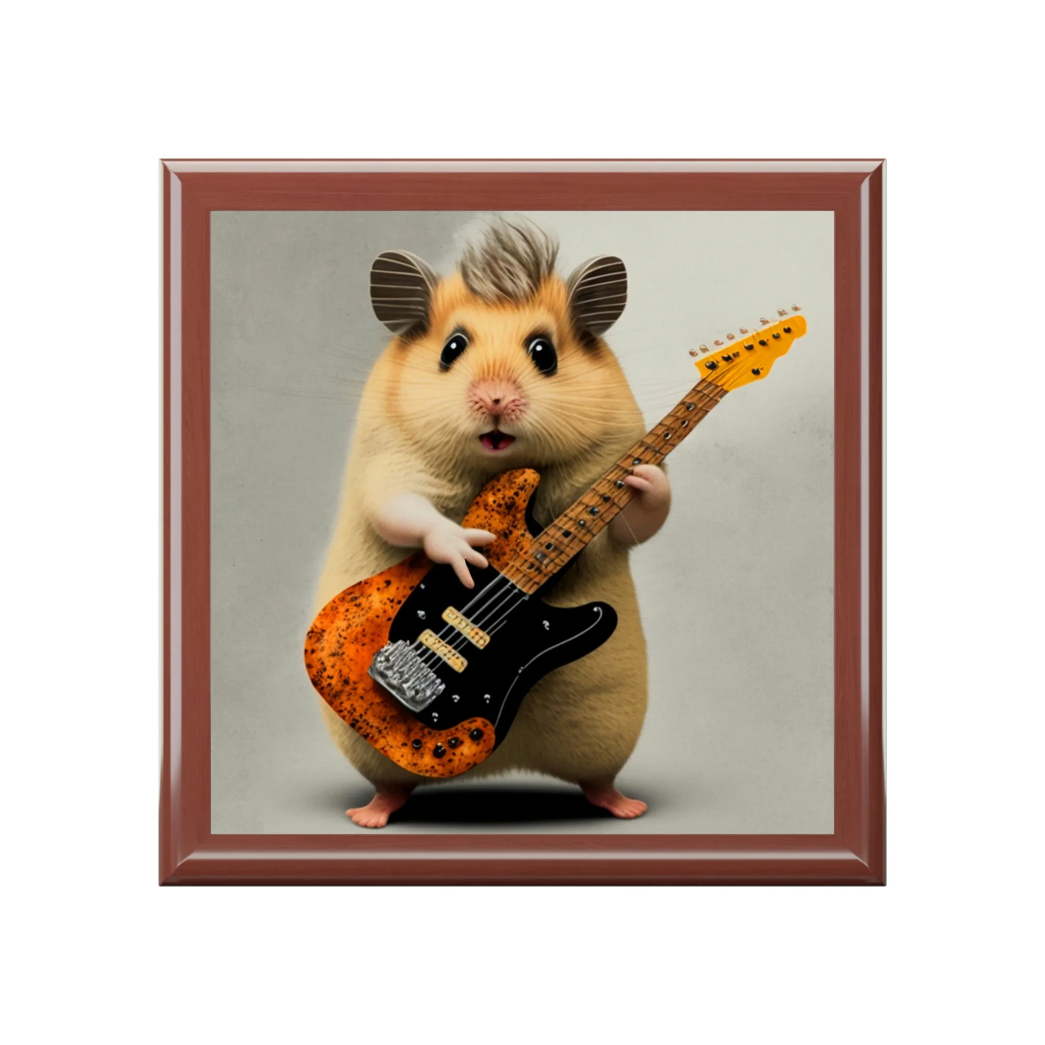 Hamster with Guitar Wood Keepsake Jewelry Box with Ceramic Tile Cover