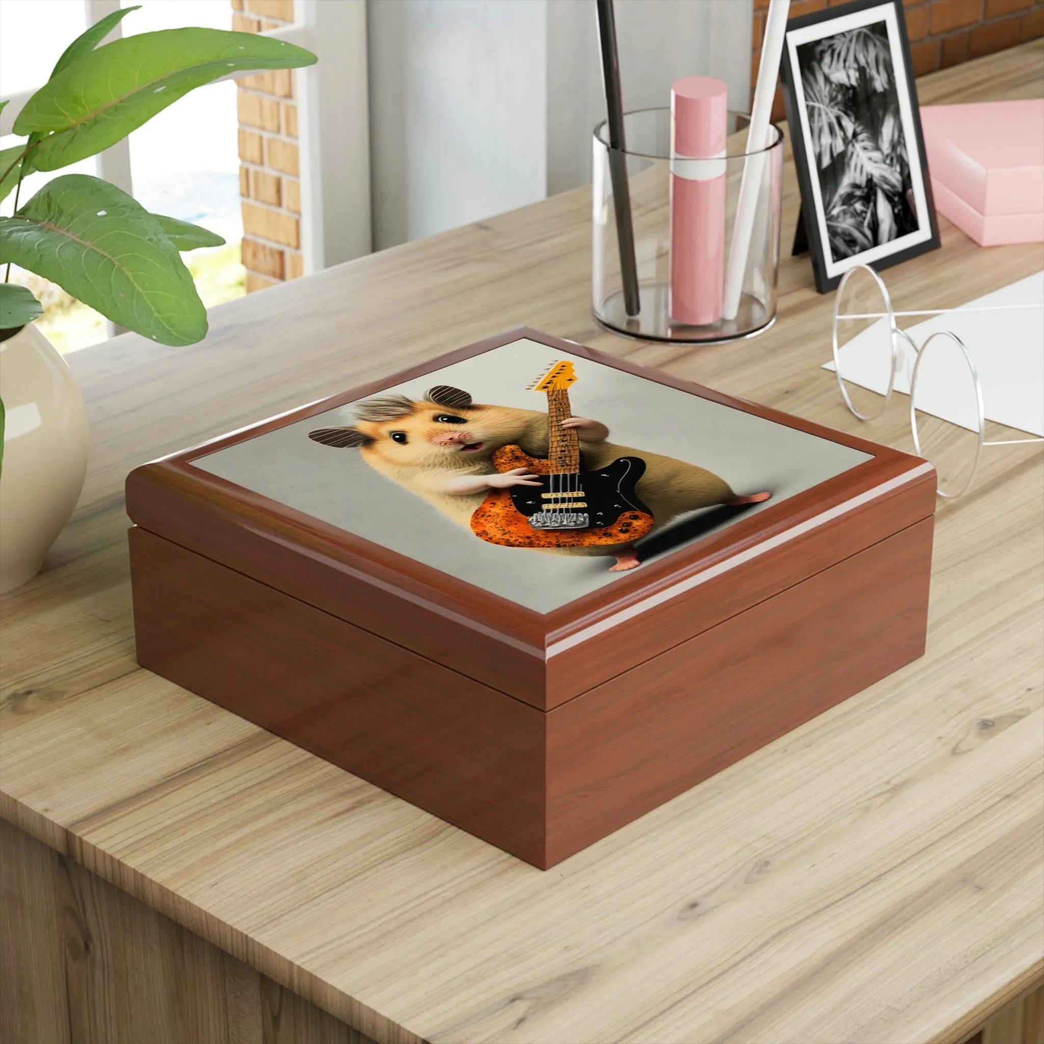 Hamster with Guitar Wood Keepsake Jewelry Box with Ceramic Tile Cover