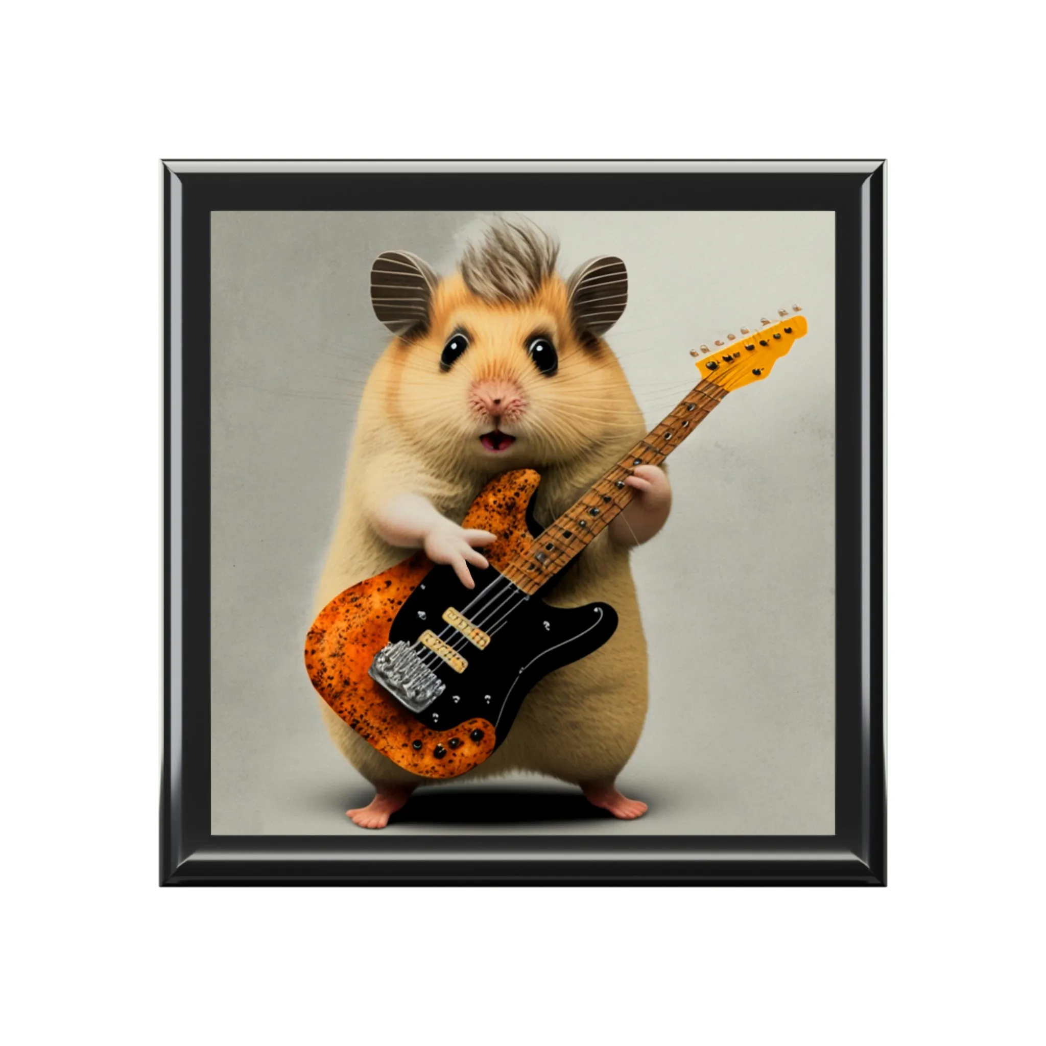 Hamster with Guitar Wood Keepsake Jewelry Box with Ceramic Tile Cover