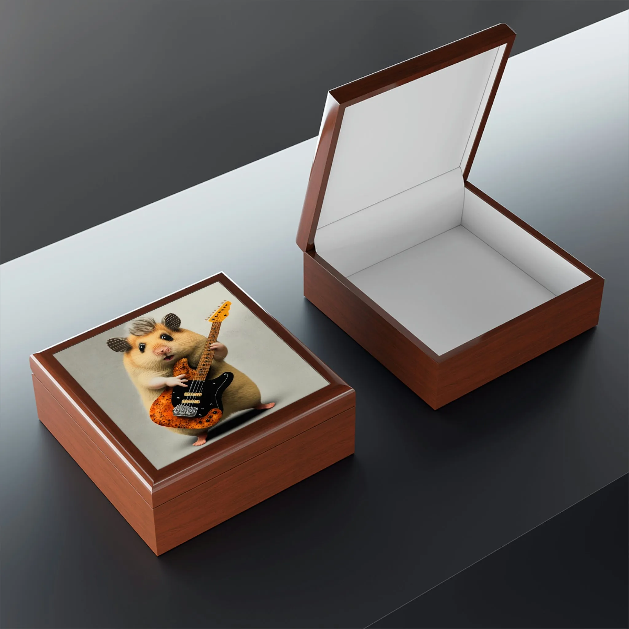 Hamster with Guitar Wood Keepsake Jewelry Box with Ceramic Tile Cover