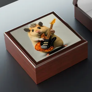 Hamster with Guitar Wood Keepsake Jewelry Box with Ceramic Tile Cover