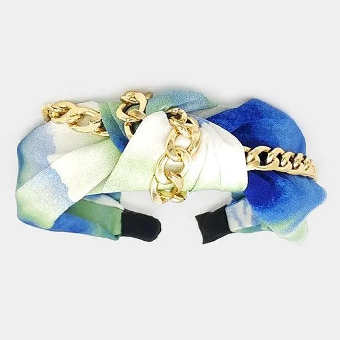 Headband Metal Chain Blue Tie Dye Burnout Knot