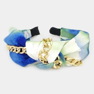 Headband Metal Chain Blue Tie Dye Burnout Knot