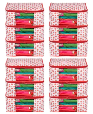 Heart Home Dot Printed Non-Woven Saree Cover, Cloth Organizer, Wardrobe Organiser With Tranasparent Window- Pack of 12 (Pink)-46HH0490