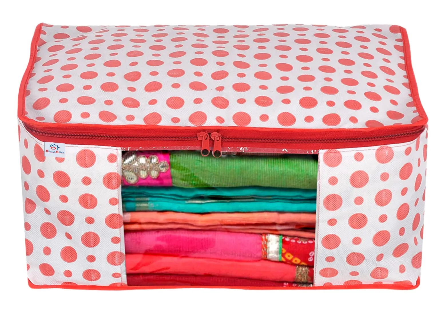 Heart Home Dot Printed Non-Woven Saree Cover, Cloth Organizer, Wardrobe Organiser With Tranasparent Window- Pack of 12 (Pink)-46HH0490