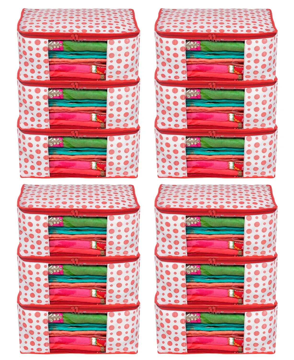Heart Home Dot Printed Non-Woven Saree Cover, Cloth Organizer, Wardrobe Organiser With Tranasparent Window- Pack of 12 (Pink)-46HH0490