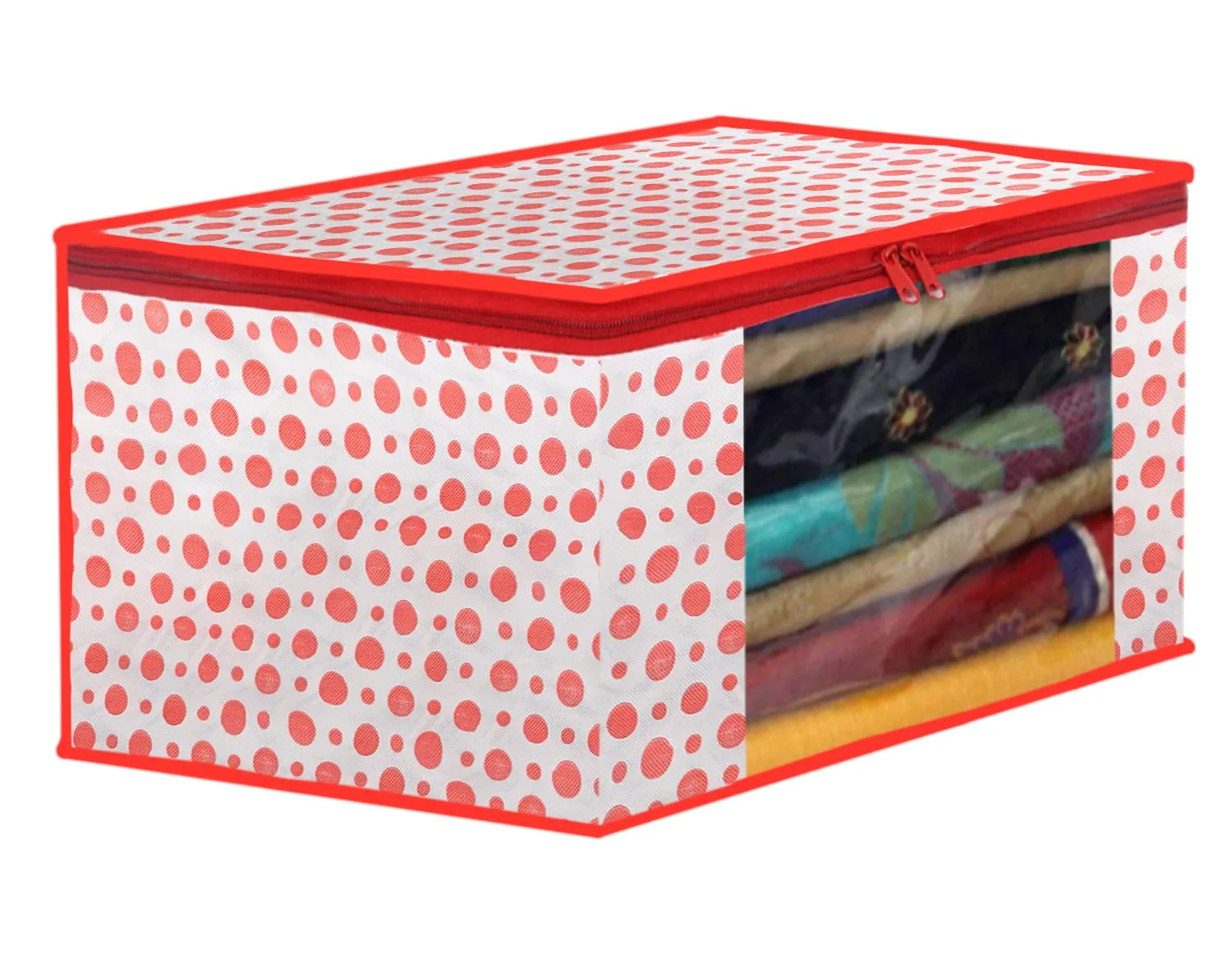 Heart Home Dot Printed Non-Woven Saree Cover, Cloth Organizer, Wardrobe Organiser With Tranasparent Window- Pack of 12 (Pink)-46HH0490