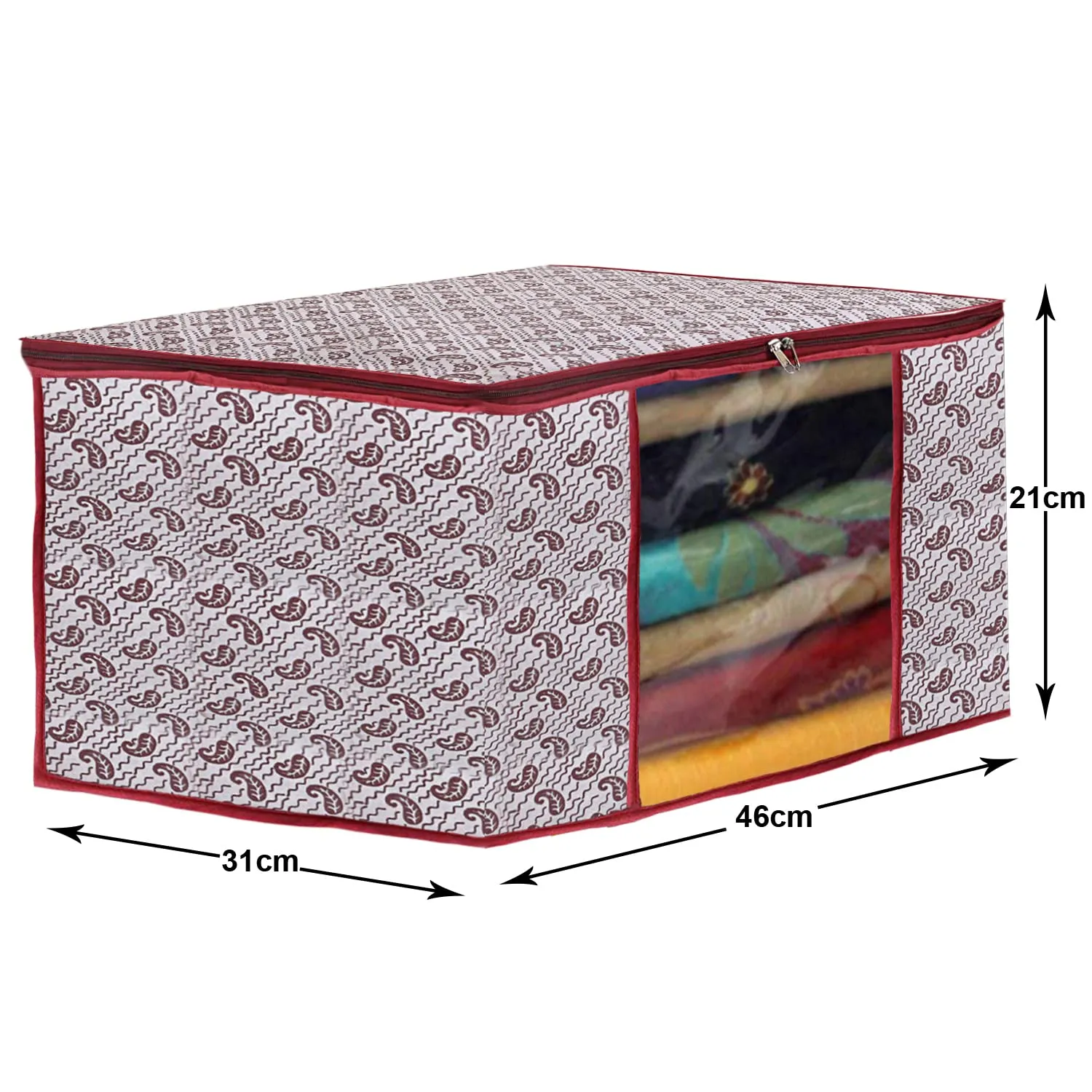 Heart Home Paisley Design Non-woven Foldable Saree Cover/Clothes Storage Bag/Wardrobe Organizer With Transparent Window- Pack of 6 (White)-44HH0347