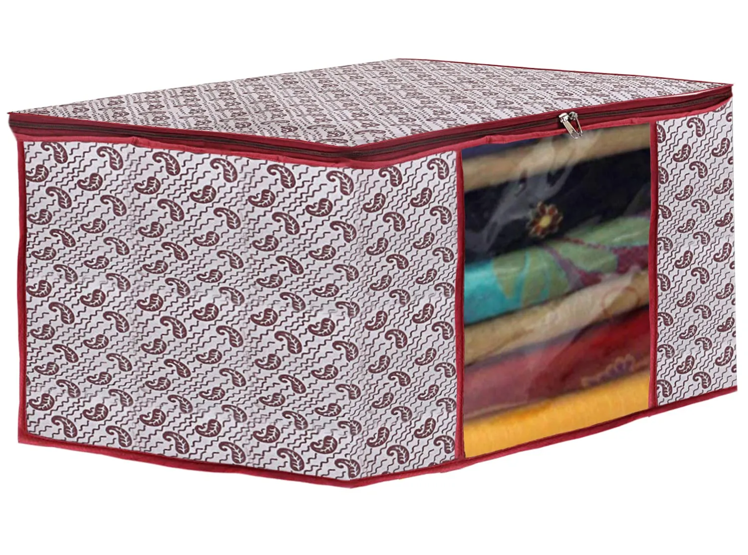 Heart Home Paisley Design Non-woven Foldable Saree Cover/Clothes Storage Bag/Wardrobe Organizer With Transparent Window- Pack of 6 (White)-44HH0347