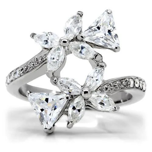 High polished (no plating) Stainless Steel Ring with AAA Grade CZ in Clear for Women Style TK196