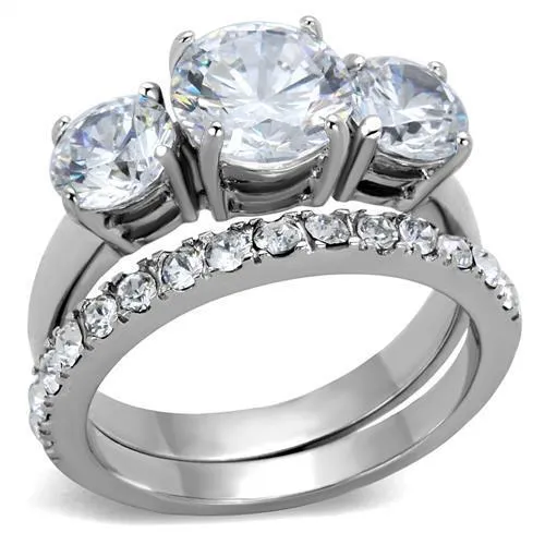 High polished (no plating) Stainless Steel Ring with AAA Grade CZ in Clear for Women Style TK2177