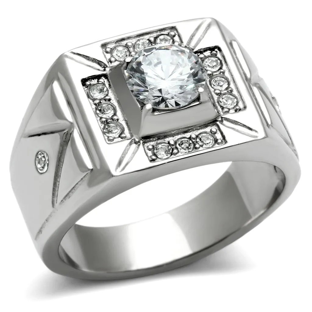 High polished (no plating) Stainless Steel Ring with AAA Grade CZ in Clear for Women Style TK486