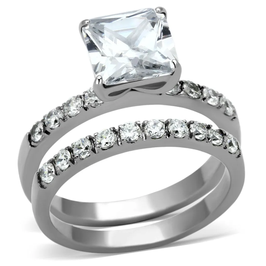 High polished (no plating) Stainless Steel Ring with AAA Grade CZ in Clear for Women Style TK975