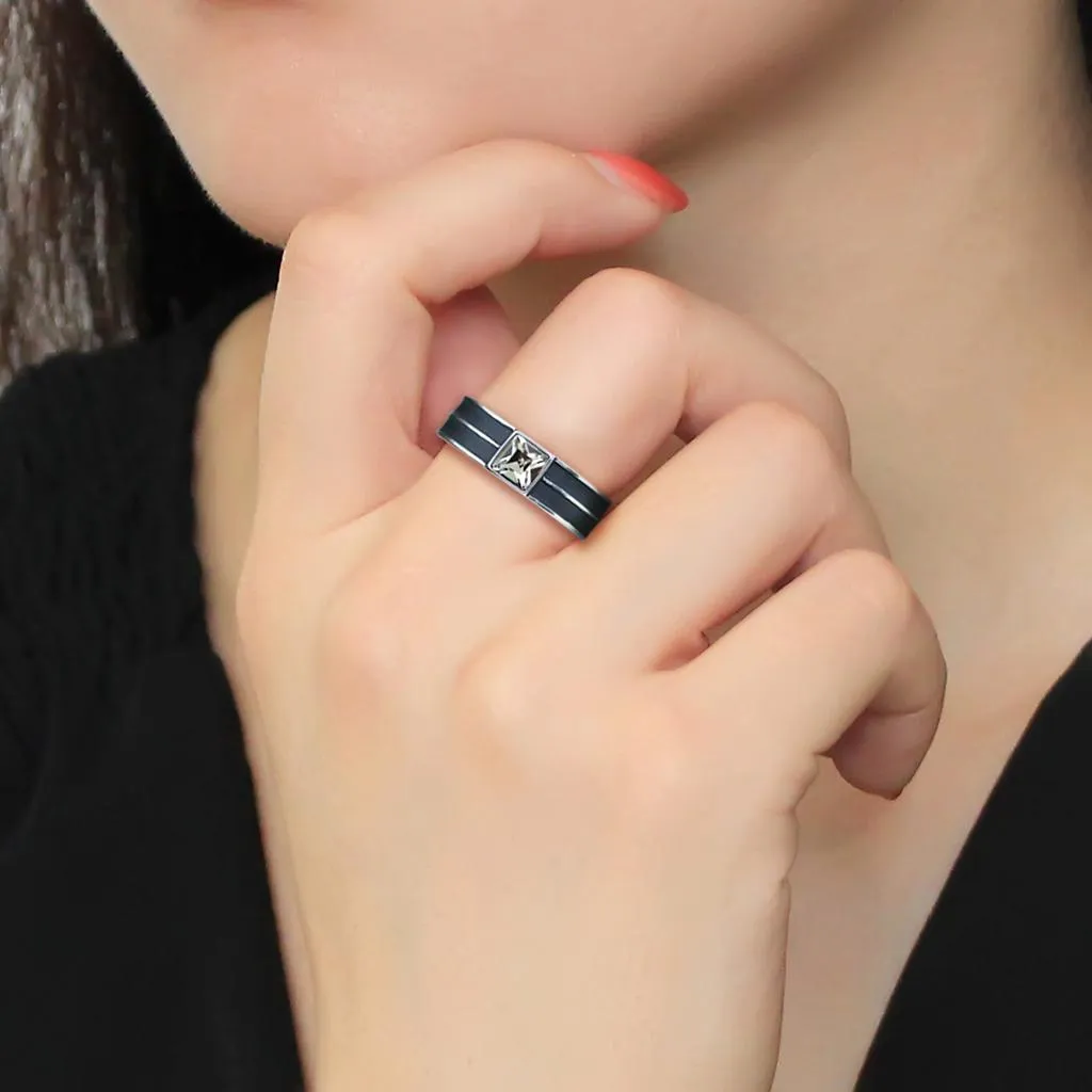 High polished (no plating) Stainless Steel Ring with Top Grade Crystal in Black Diamond for Women Style TK3292