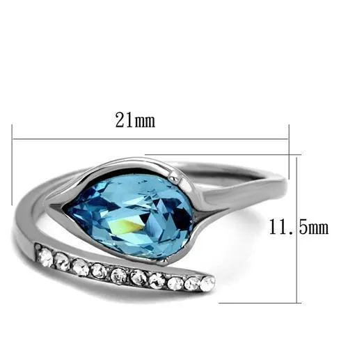 High polished (no plating) Stainless Steel Ring with Top Grade Crystal in Sea Blue for Women Style TK2174
