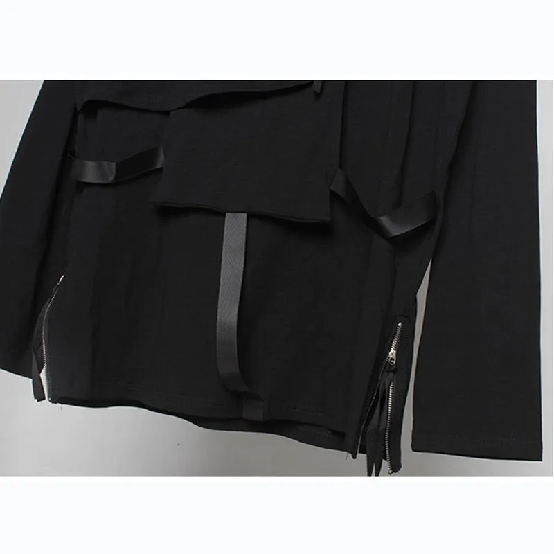 Hip Hop Functional Long Sleeve T-Shirt Men Autumn Dark Zip Up Pockets Streetwear Tshirts Cotton Tops Tees Black Clothes