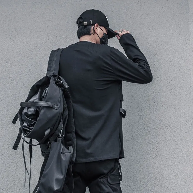 Hip Hop Functional Long Sleeve T-Shirt Men Autumn Dark Zip Up Pockets Streetwear Tshirts Cotton Tops Tees Black Clothes