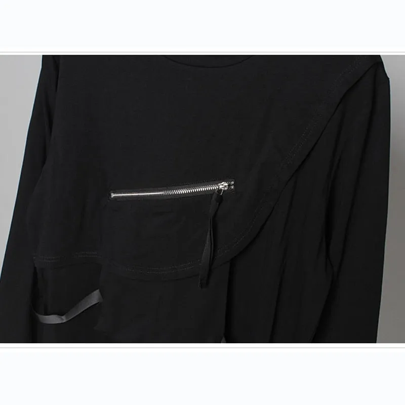 Hip Hop Functional Long Sleeve T-Shirt Men Autumn Dark Zip Up Pockets Streetwear Tshirts Cotton Tops Tees Black Clothes