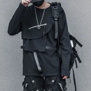 Hip Hop Functional Long Sleeve T-Shirt Men Autumn Dark Zip Up Pockets Streetwear Tshirts Cotton Tops Tees Black Clothes