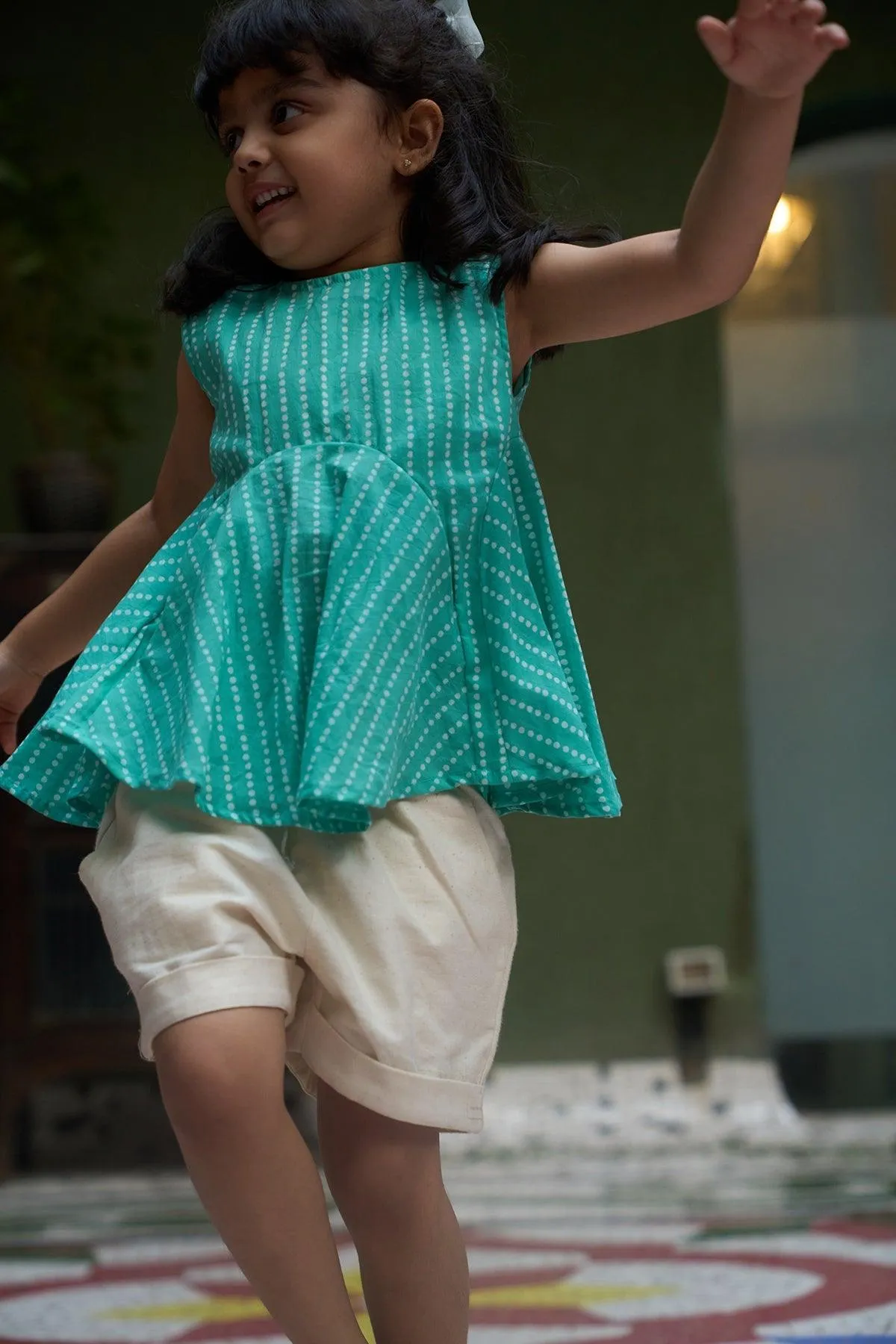 I spy a pocket’ girls top in blue dot hand block print cotton