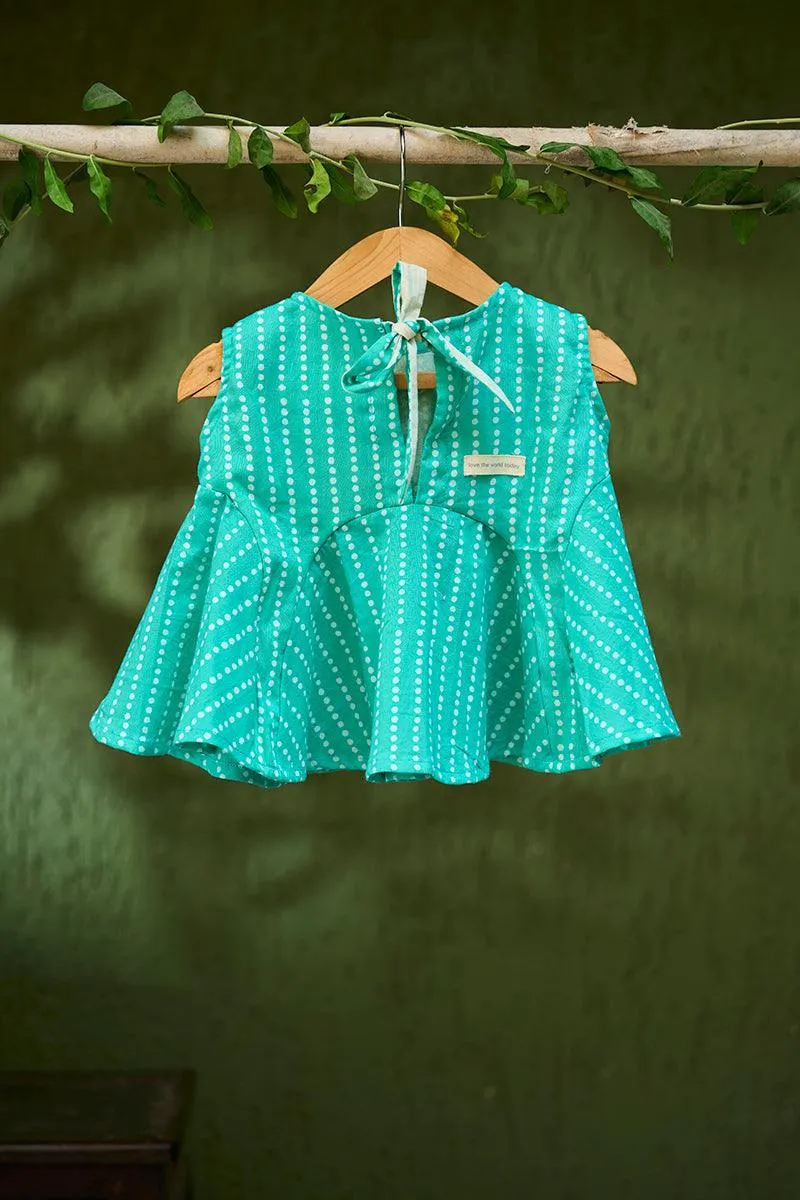 I spy a pocket’ girls top in blue dot hand block print cotton