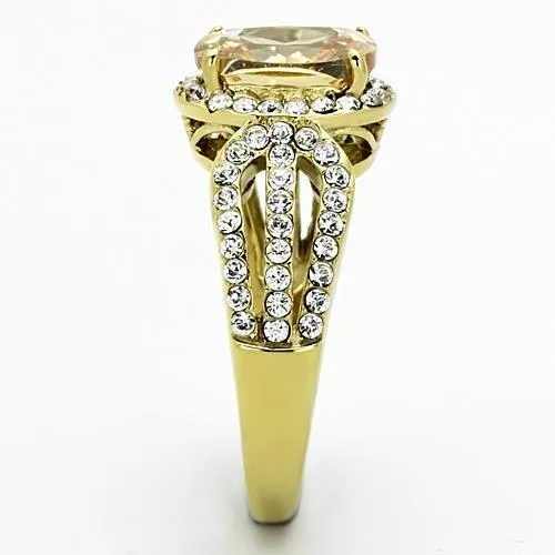 IP Gold(Ion Plating) Stainless Steel Ring with AAA Grade CZ in Champagne for Women Style TK1418