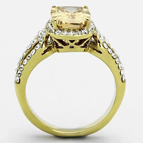 IP Gold(Ion Plating) Stainless Steel Ring with AAA Grade CZ in Champagne for Women Style TK1418