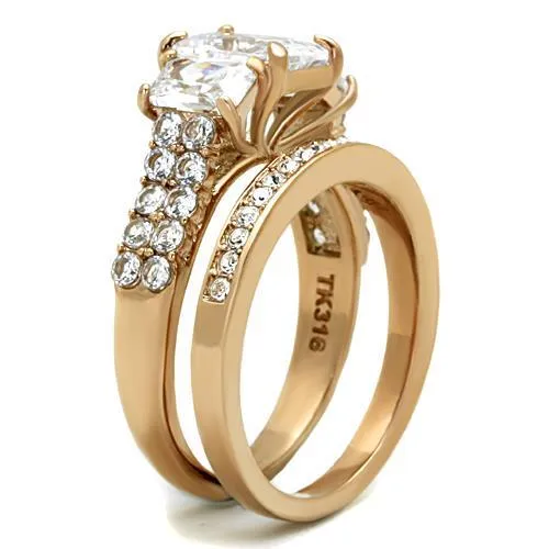 IP Rose Gold(Ion Plating) Stainless Steel Ring with AAA Grade CZ in Clear for Women Style TK1690