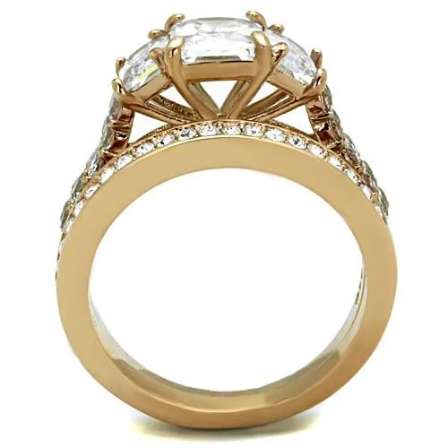 IP Rose Gold(Ion Plating) Stainless Steel Ring with AAA Grade CZ in Clear for Women Style TK1690