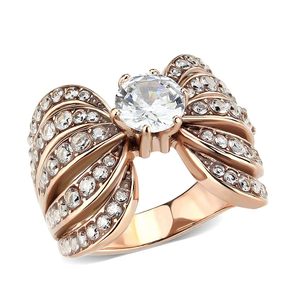 IP Rose Gold(Ion Plating) Stainless Steel Ring with AAA Grade CZ in Clear for Women Style TK3786